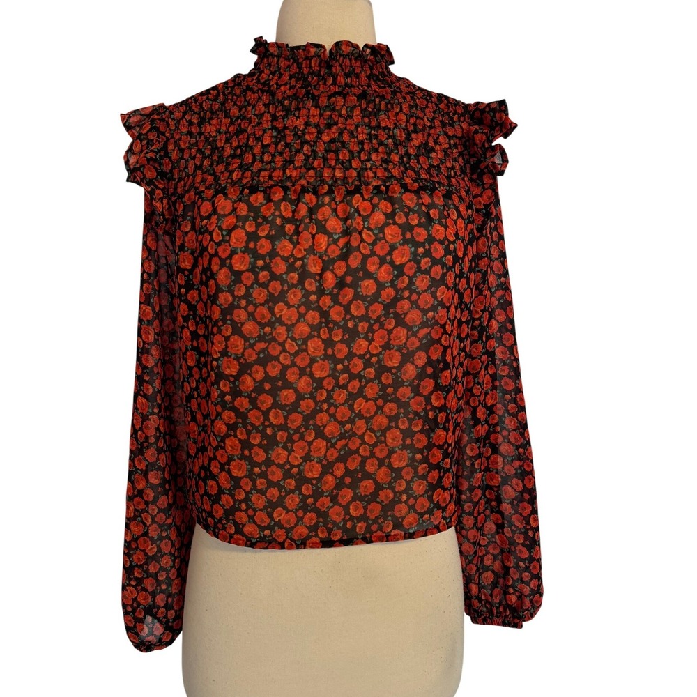 Bershka Sheer Floral Mock Neck Blouse Long Sleeve Crop Top Red‎ Roses Black SZ S
